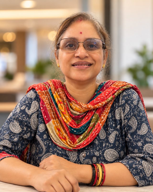 Portrait of Mrs. Manorama Sahu, smiling, wearing glasses and a colourful scarf